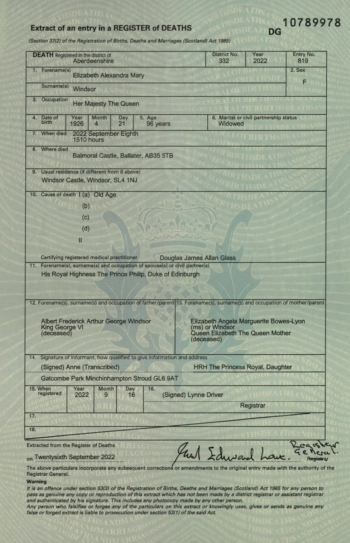 The Queen's cause of death was said to be 'old age'.