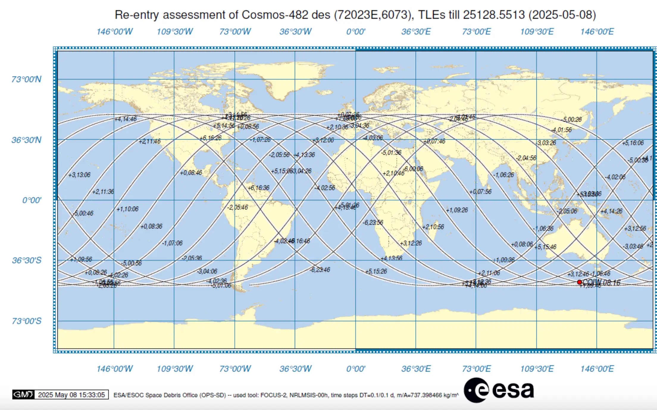 The latest 'ground track' predicts the satellite to break up at the red dot, though its landing location is still unknown (ESA)