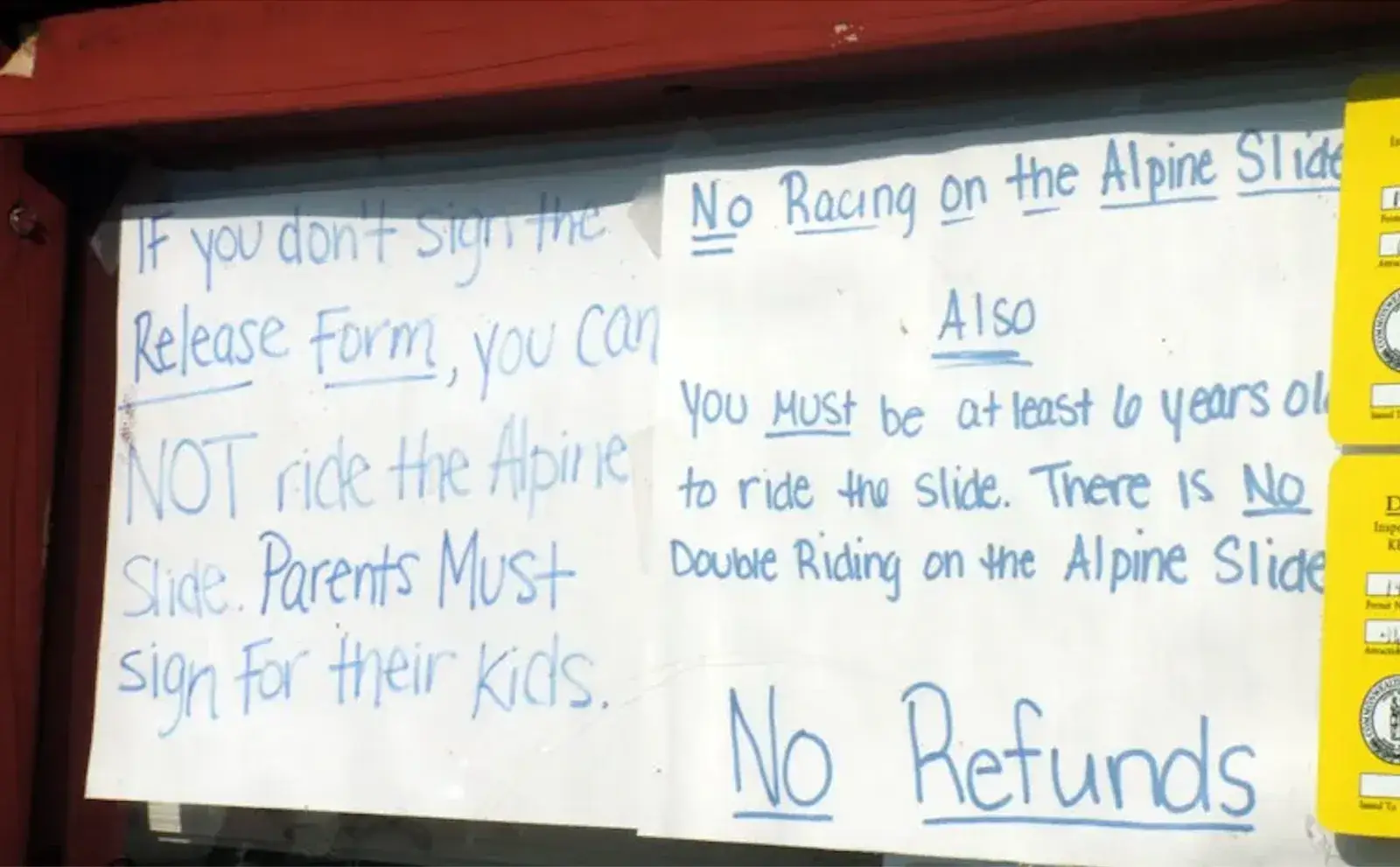 The warning displayed to riders of the Alpine slide (Photo courtesy Warner Media/Max)