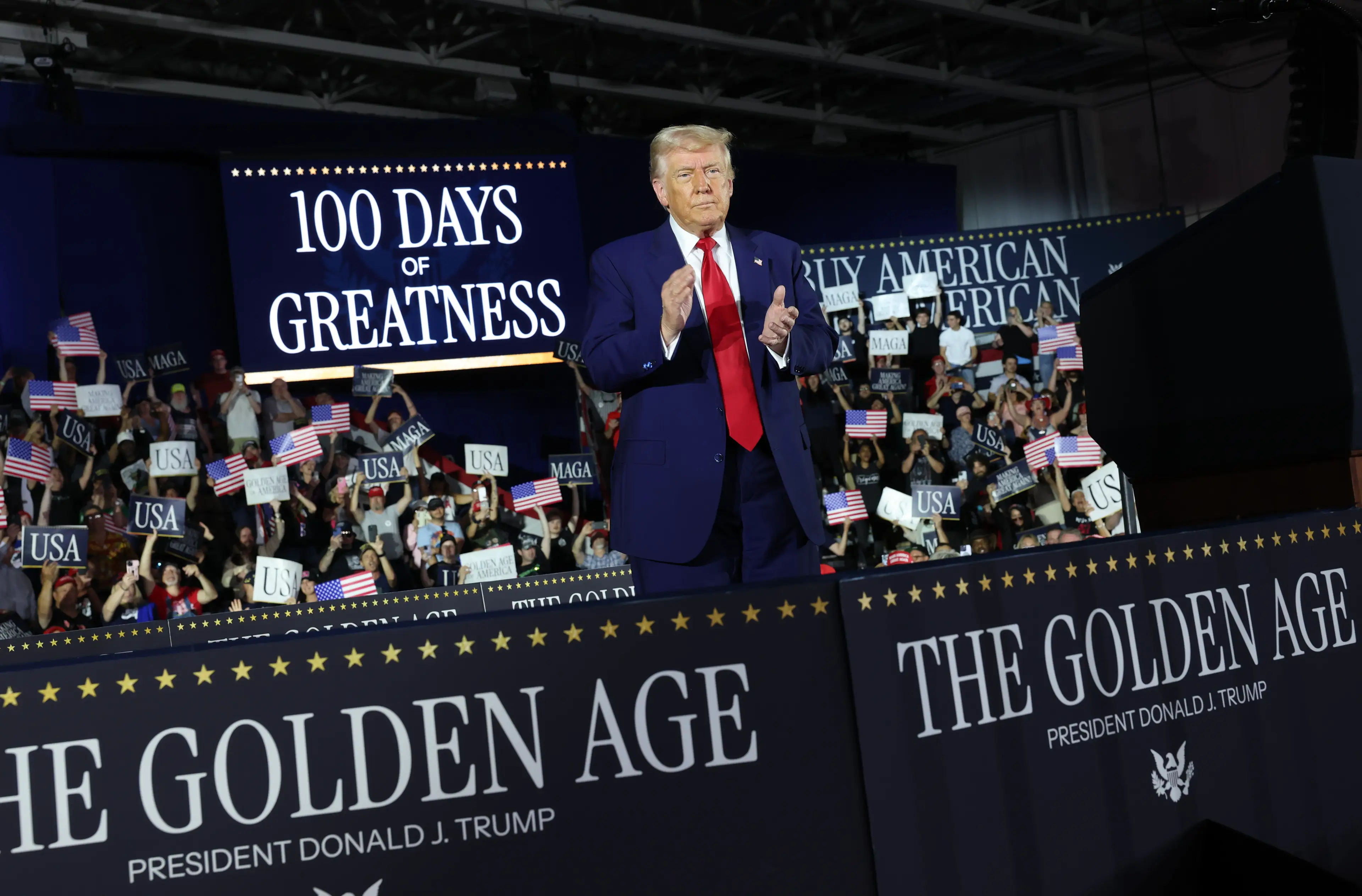 Donald Trump went to Michigan to celebrate his first 100 days in office, and told one of his supporters he looked like he'd been taking weight loss drugs (Scott Olson/Getty Images)