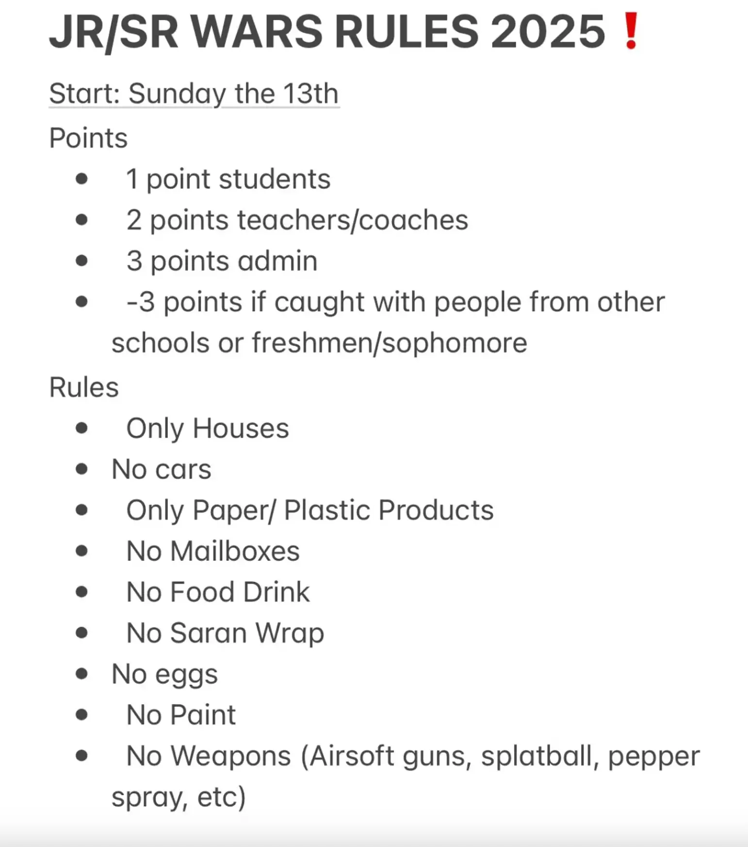 The rules for the 'junior/senior' prank wars were listed on social media (Instagram/ghsjrsrwars)