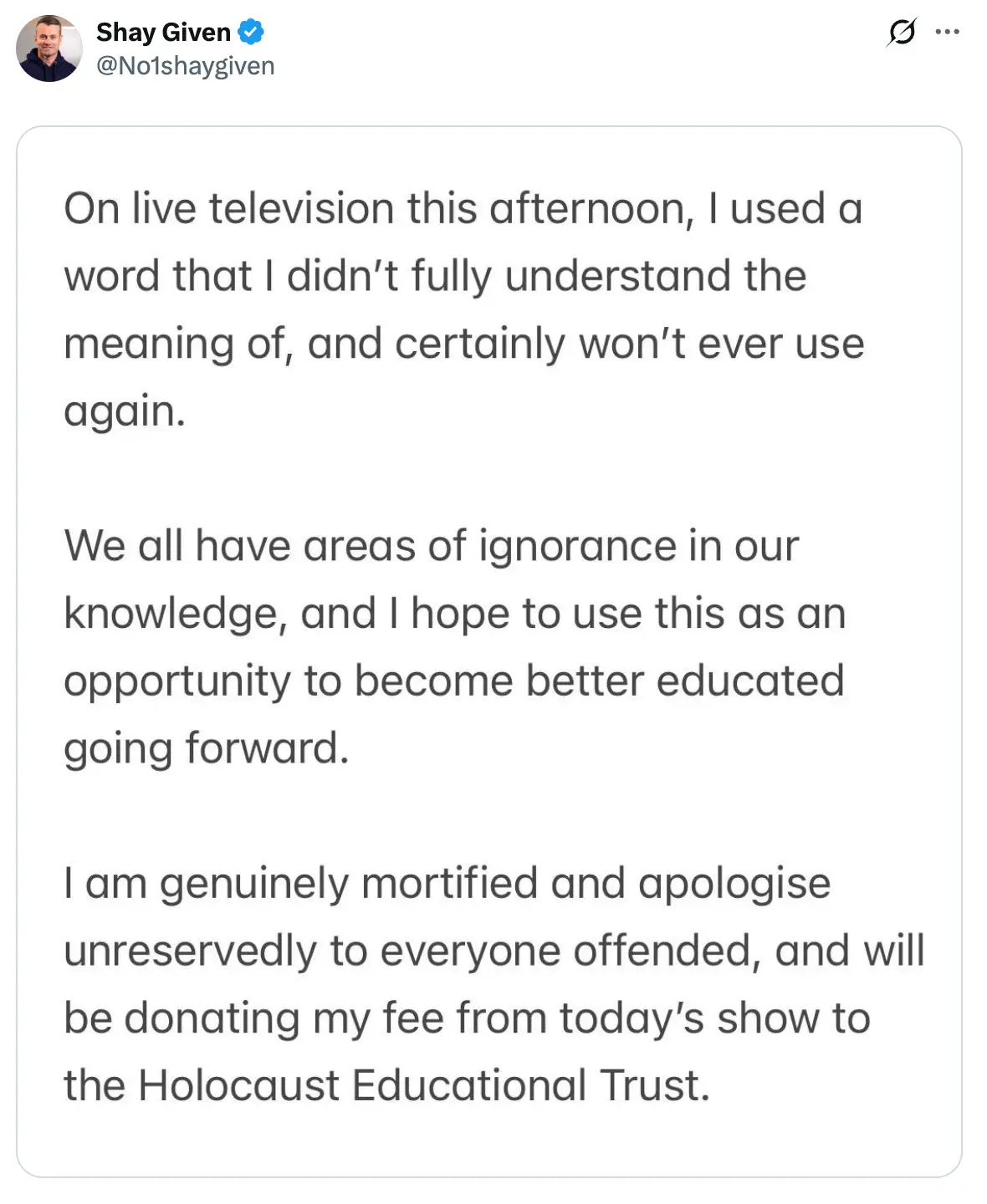 The former Newcastle United player has issued an apology for his choice of words (X/@No1shaygiven)