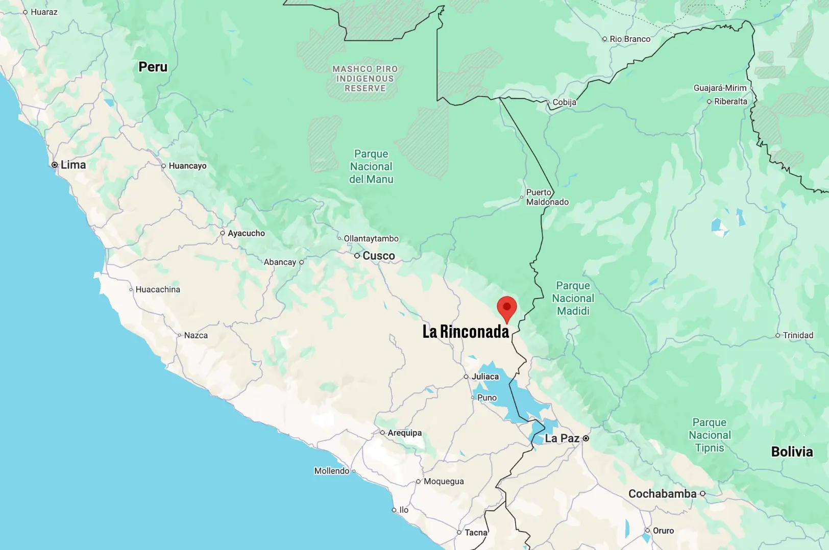It's a gold-mining town in the Peruvian Andes (Google Maps)