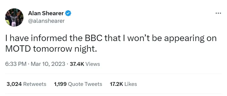 Alan Shearer also said he wouldn't be appearing on Match of the Day without Lineker.