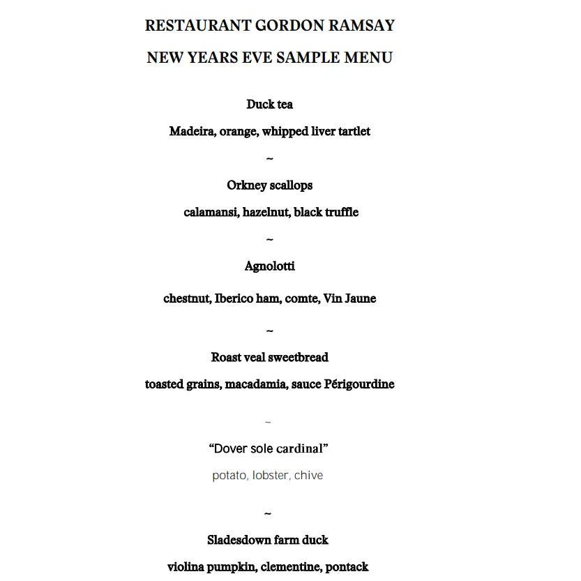 The New Year's Eve menu is rather posh.