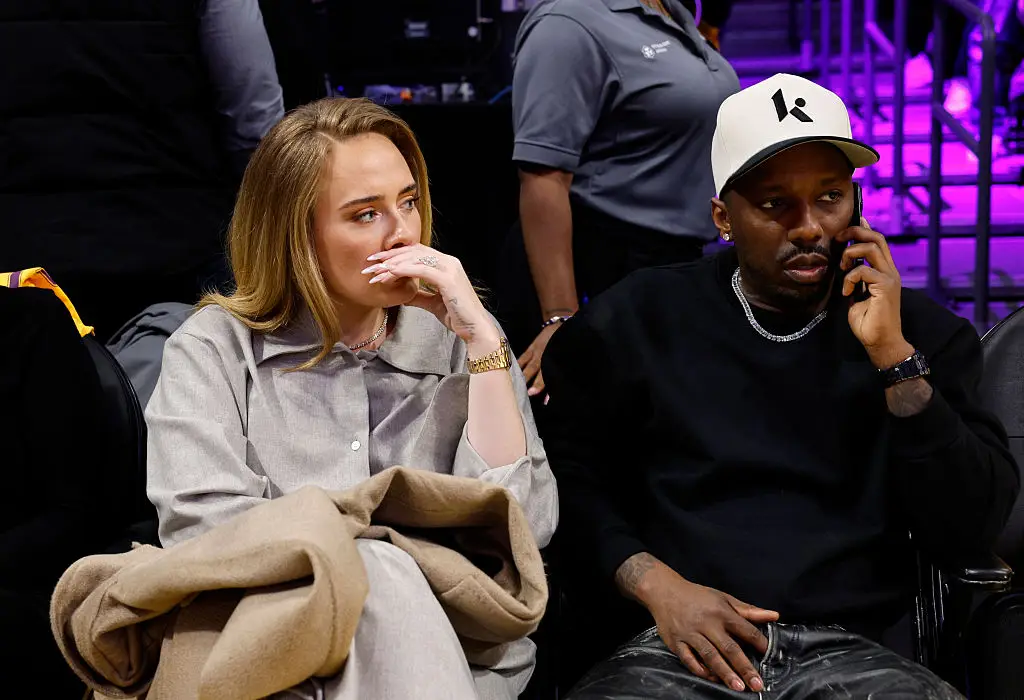 Adele and partner Rich Paul in April 2025. Since her hiatus, the singer has rarely been spotted in public (Kevork Djansezian/Getty Images)
