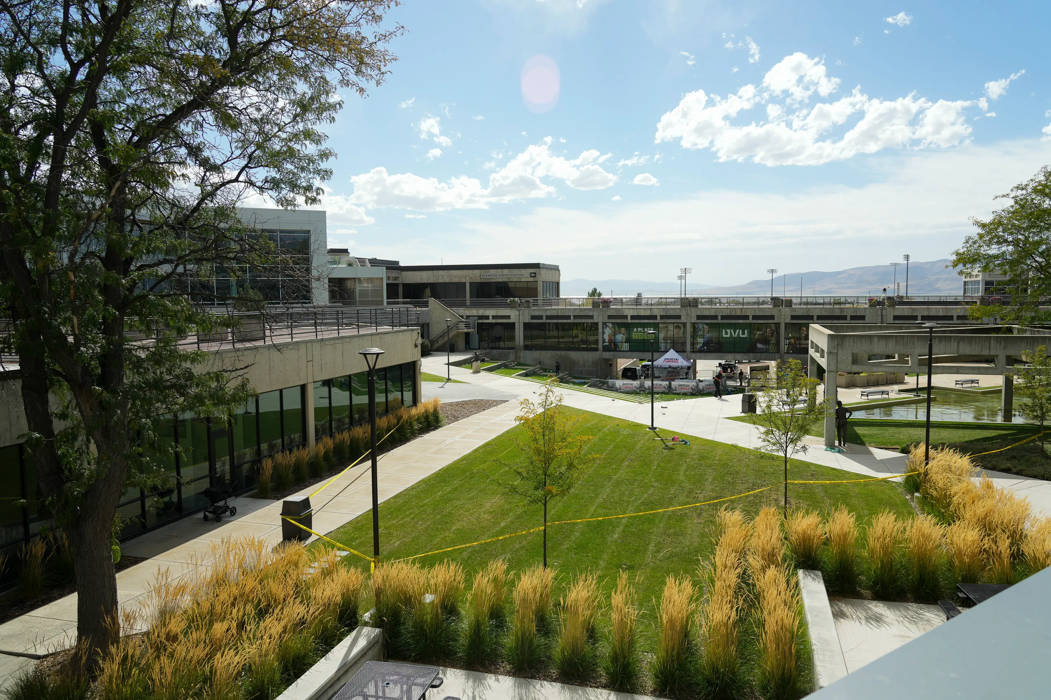 Several roofs offered a clear line of sight to Kirk, and officials believe the shooter was able to get onto one of them (Bethany Baker/The Salt Lake Tribune/Getty Images)