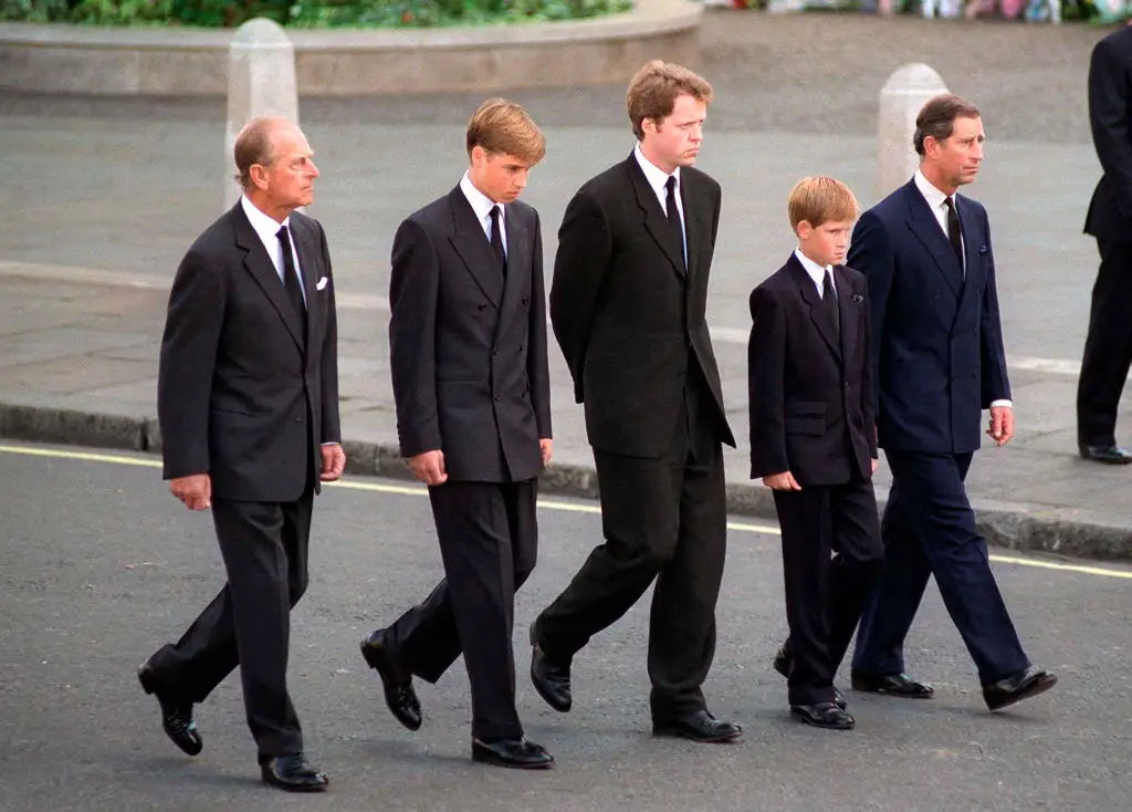 Earl Spencer walking alongside Prince Harry and Prince William at their mother's funeral (Tim Graham Photo Library via Getty Images)