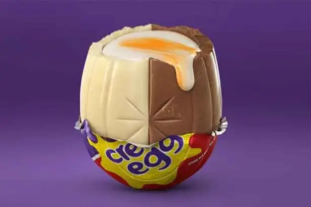 Half white chocolate, half milk chocolate Creme Egg.