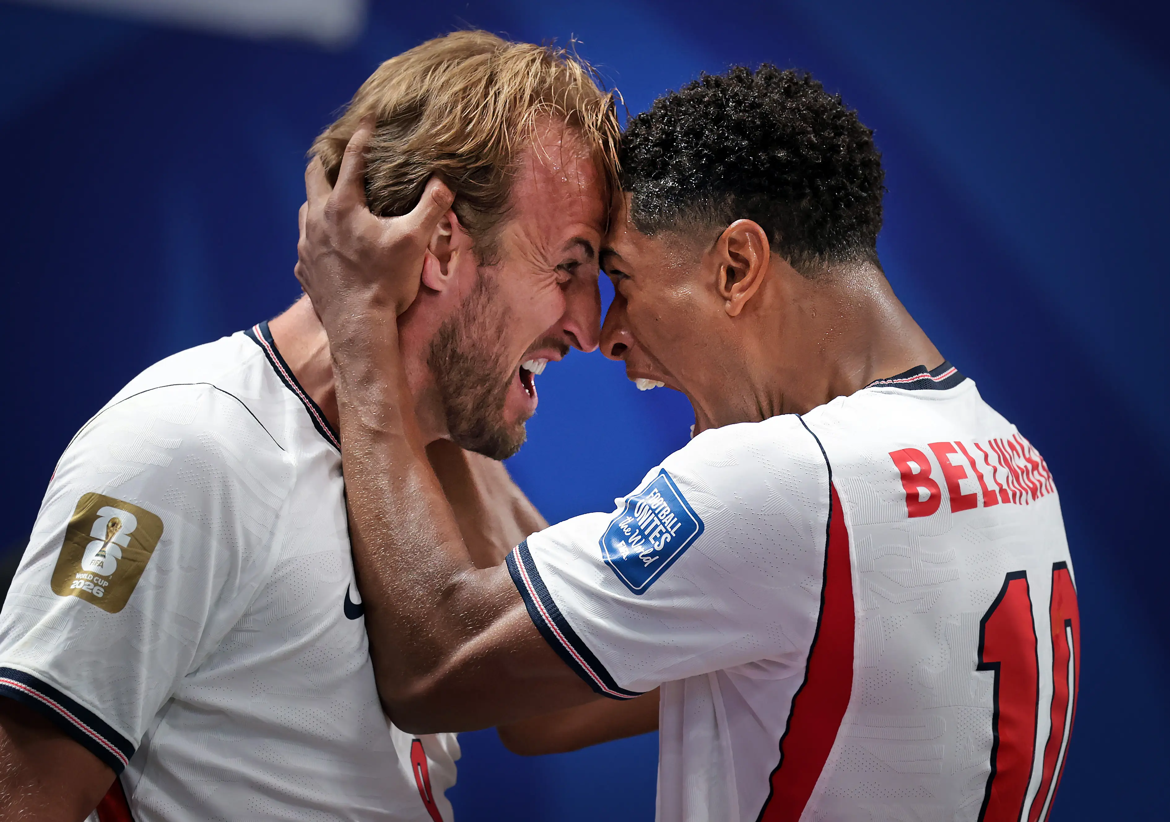 England's footballing superstars Harry Kane and Jude Bellingham celebrate a World Cup 2026 goal (Ian MacNicol/Getty Images)