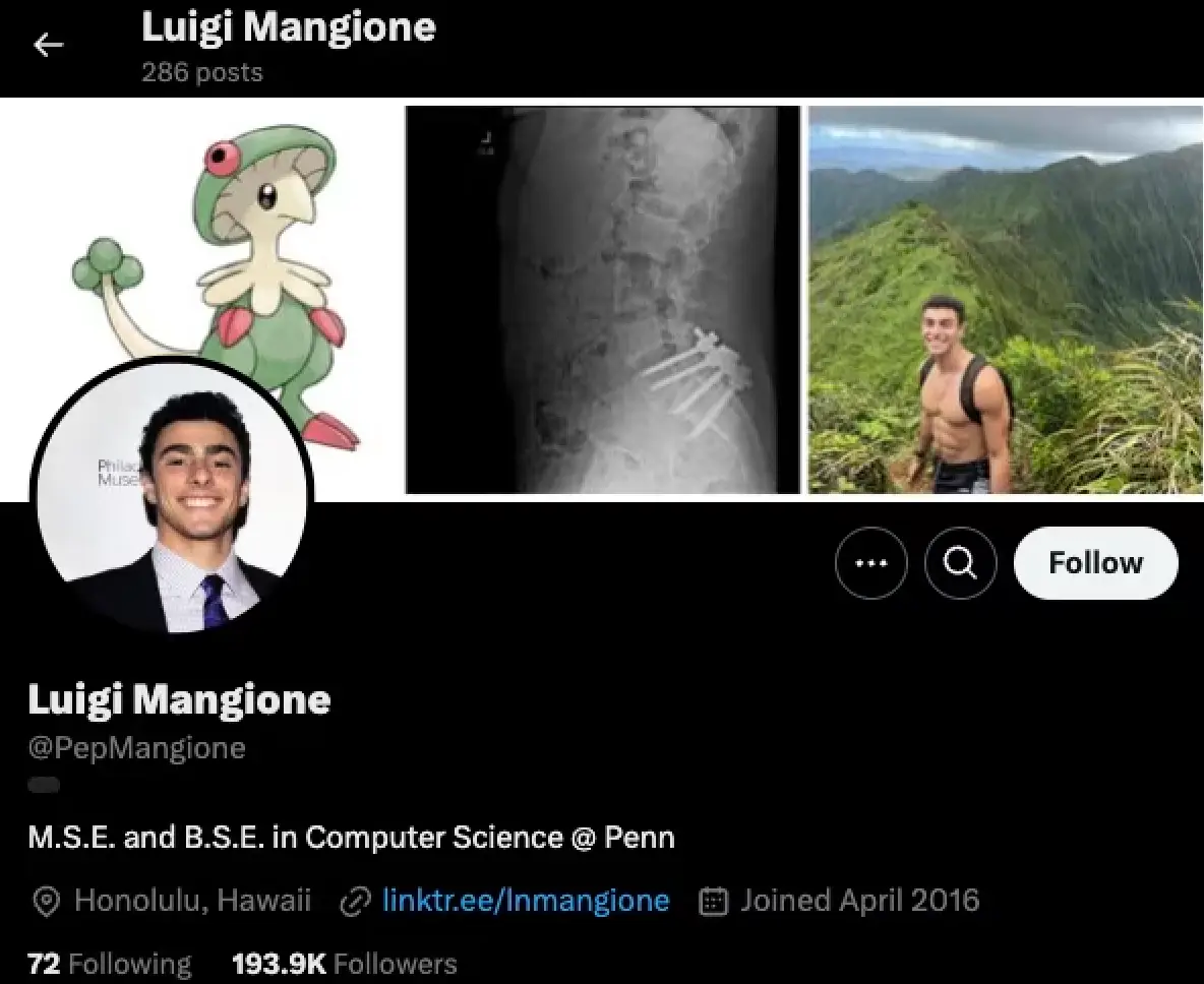 Mangione's X header (Luigi Mangione/X/Nintendo)