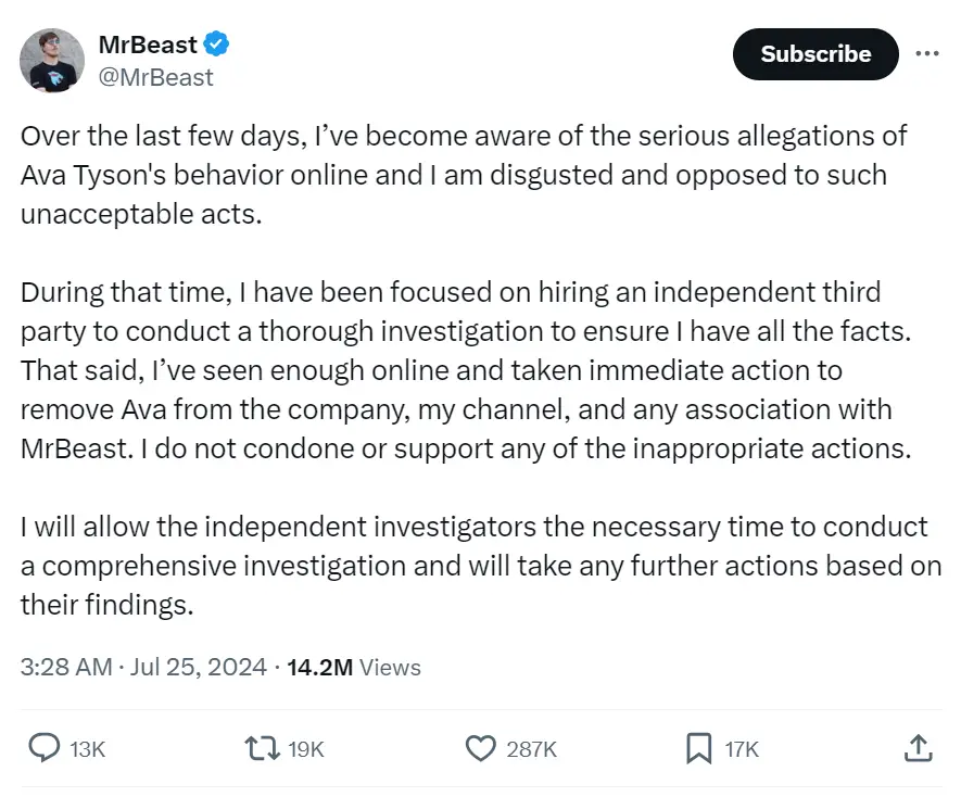 Jimmy Donaldson has said he is aware of the allegations made against Tyson and has removed her from the company. (X/@MrBeast)