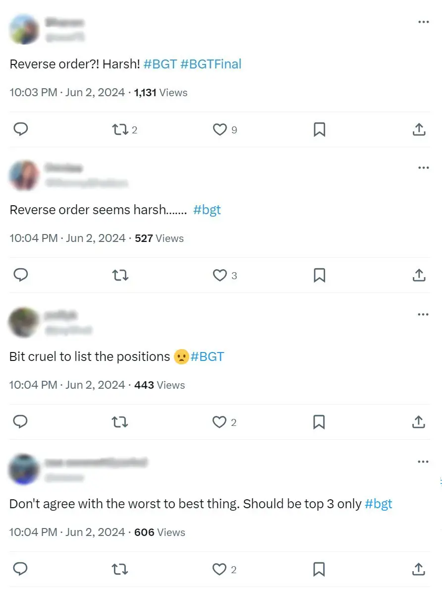 Some viewers reckoned we didn't need to see what order everyone else came in. (X)