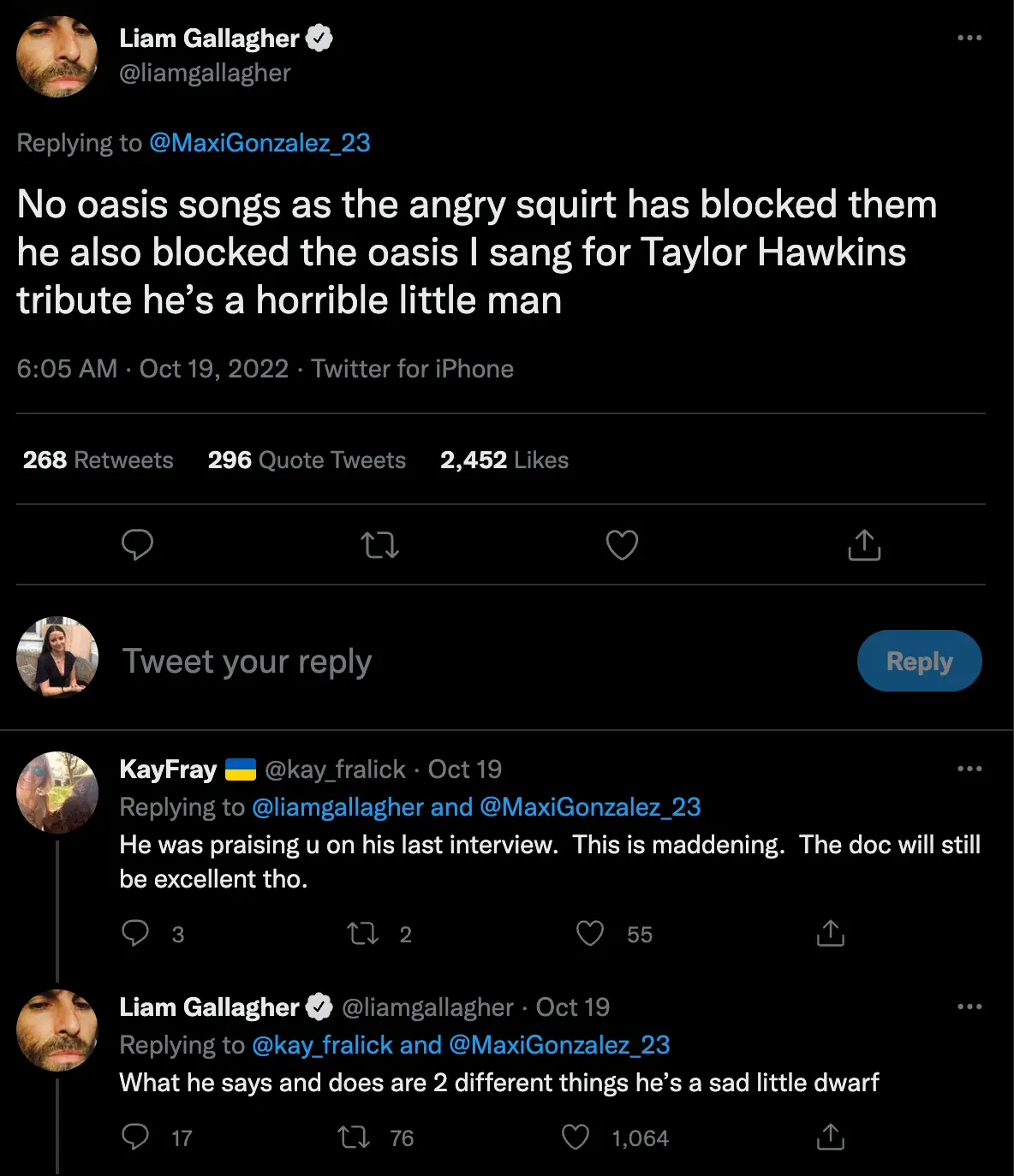 Liam Gallagher has branded his brother a 'horrible little man' and 'sad little dwarf'.