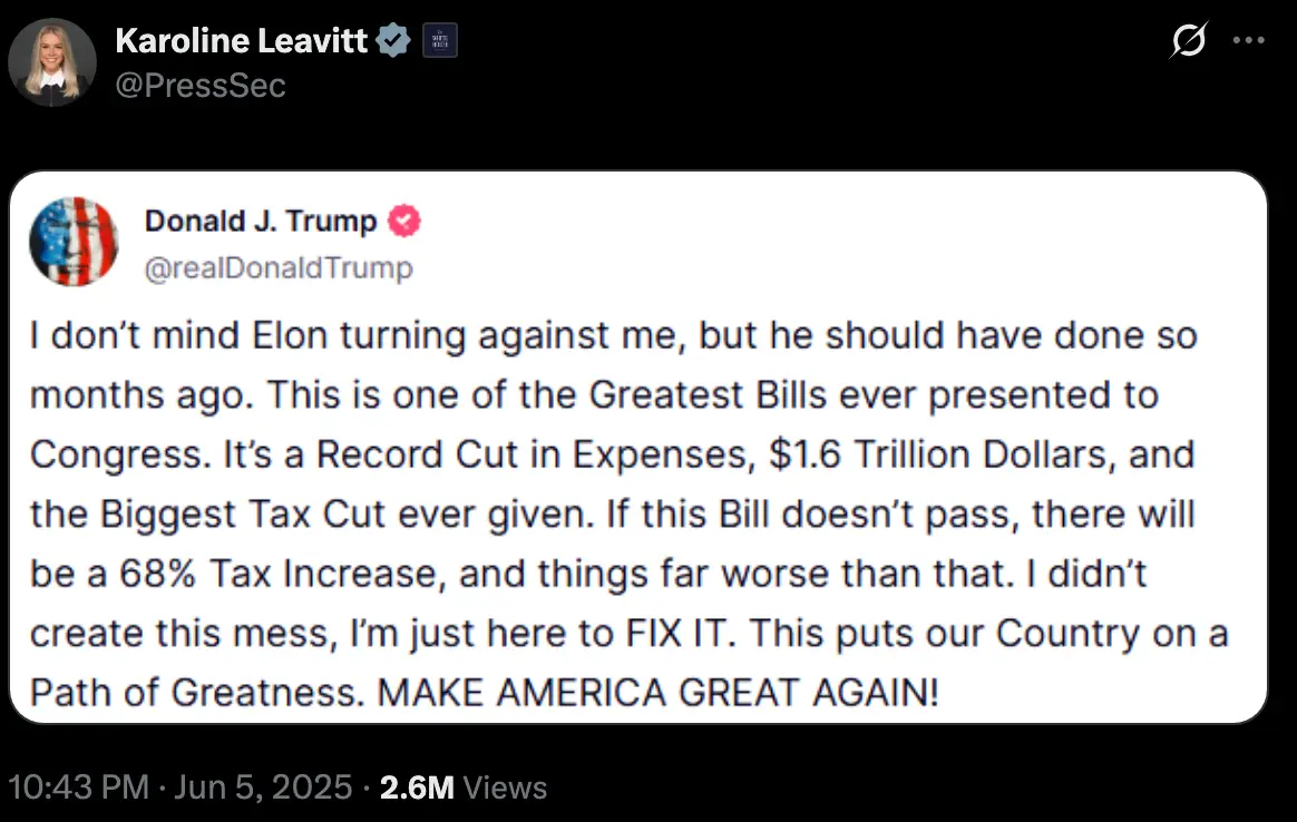 The Press Secretary shared a statement from Trump on social media (X/PressSec)