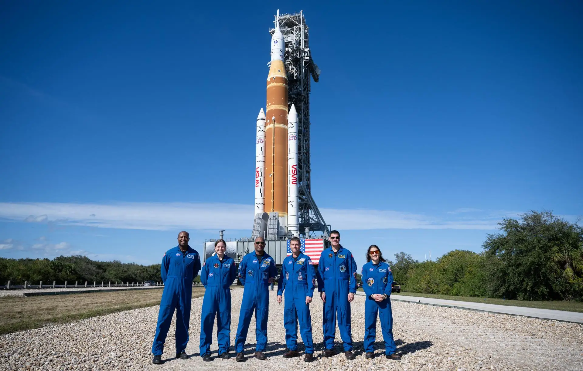 The crew will board NASA’s Space Launch System (SLS) rocket and Orion spacecraft (NASA/Joel Kowsky)