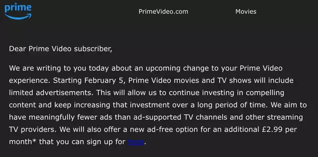 Prime Video customers got this message recently, and it's not been very welcome.
