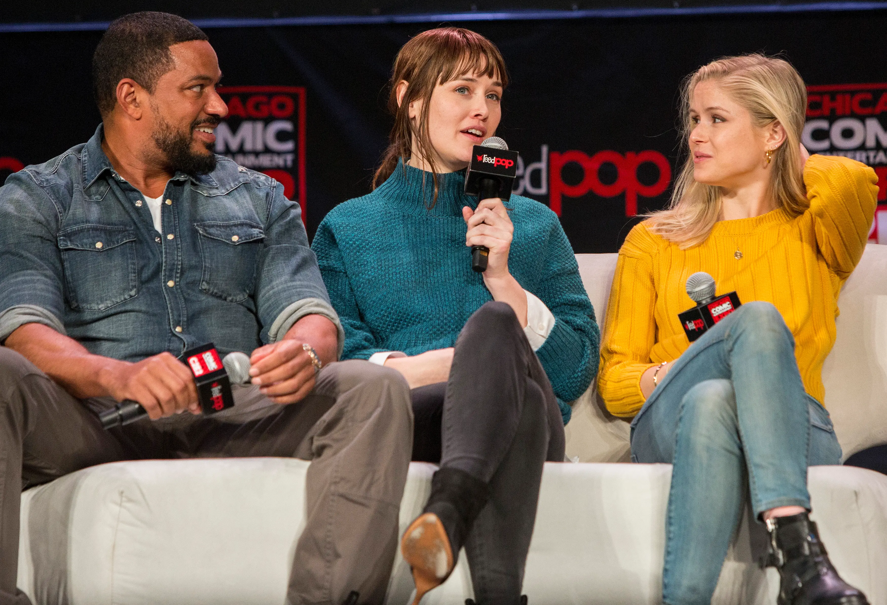 McElligot (central) at a Comic-Con event in 2020 (Barry Brecheisen/WireImage)