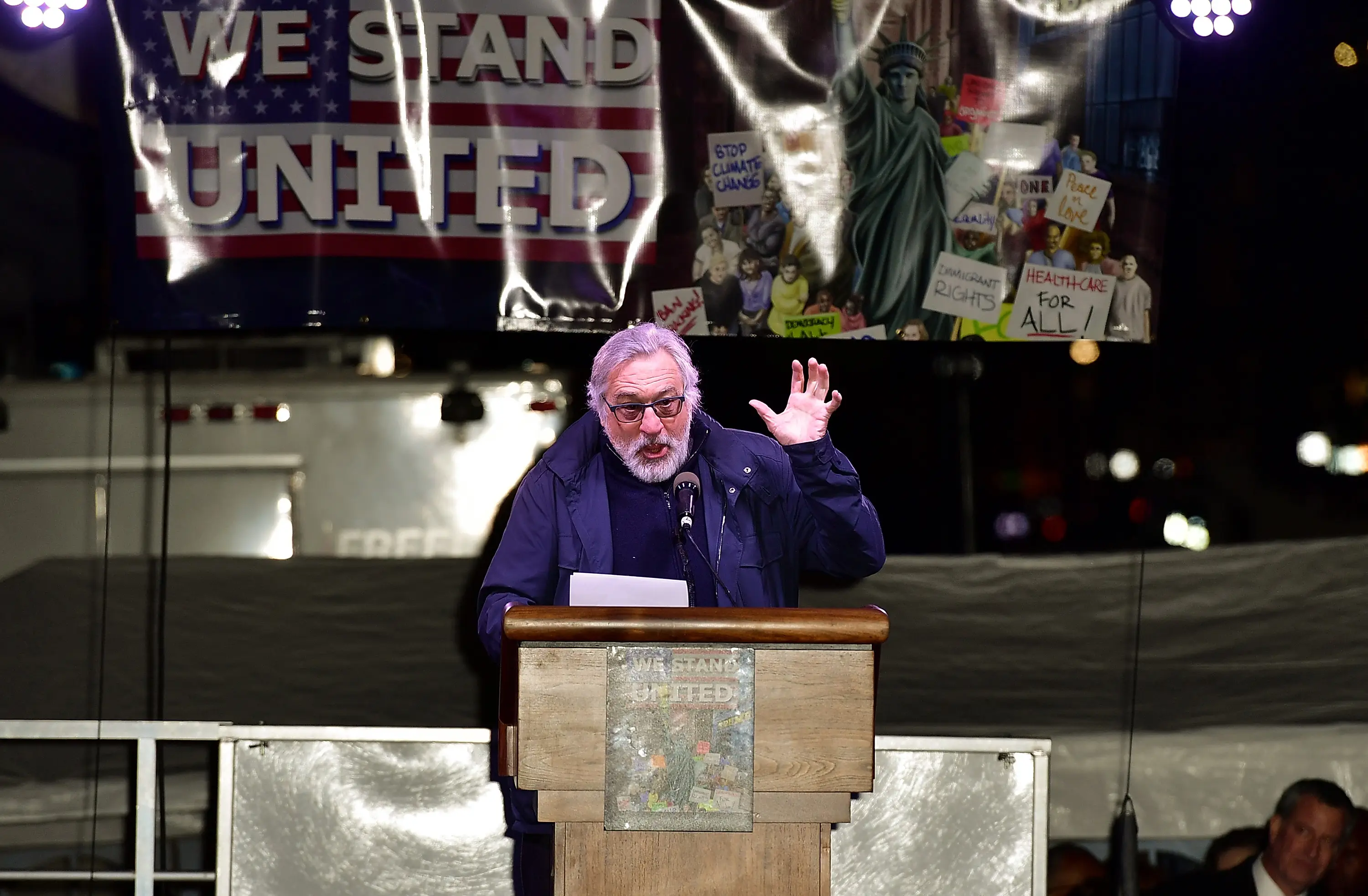 De Niro has long been outspoken against Trump, pictured at a rally here in 2017. (James Devaney/WireImage)
