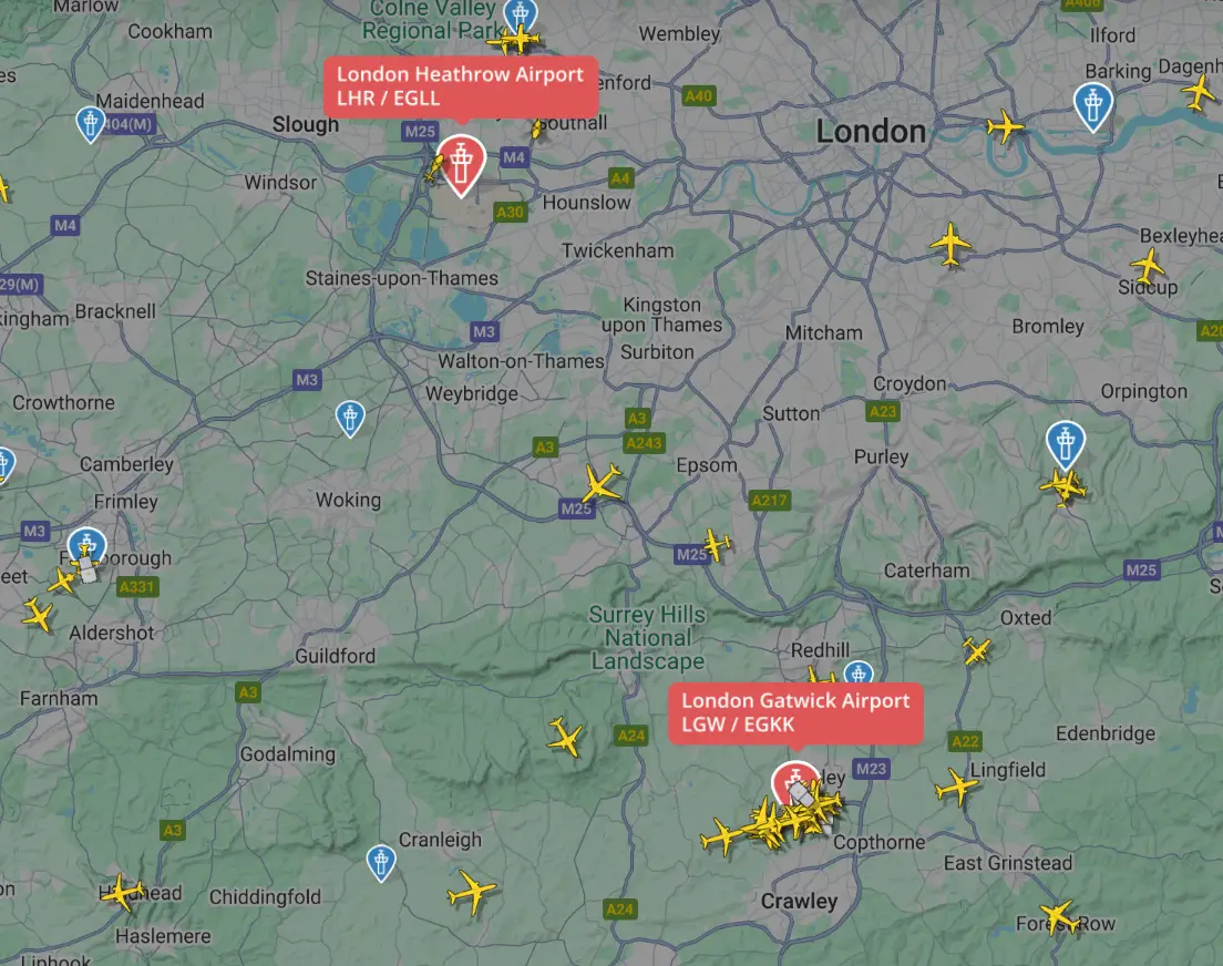 Nothing at Heathrow except a couple of news helicopters buzzing around, everything else is congregating at Gatwick instead (Flightradar24)