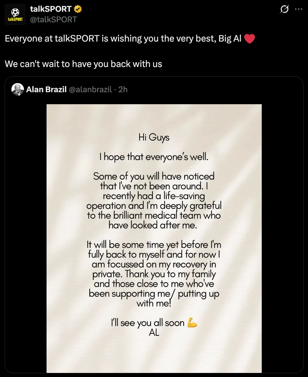 The official TalkSPORT X account gave their best wishes to the big man (X)