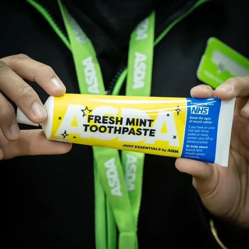 Retail giant Asda will now sell oral hygiene products featuring NHS advice about mouth cancer (Asda)