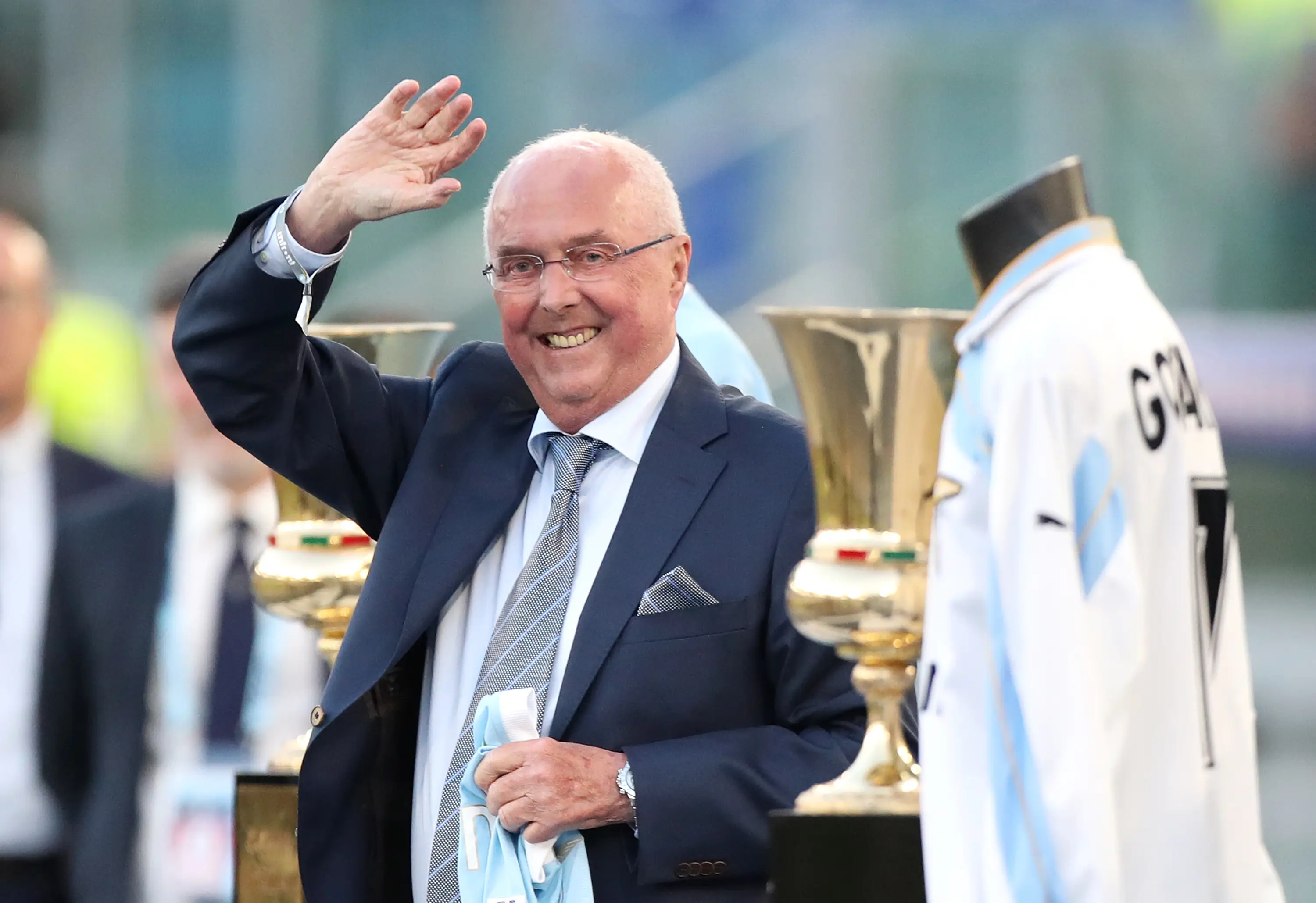 Sven-Goran Eriksson, pictured in May 2024 alongside the trophies he won as Lazio manager. (Paolo Bruno/Getty Images)