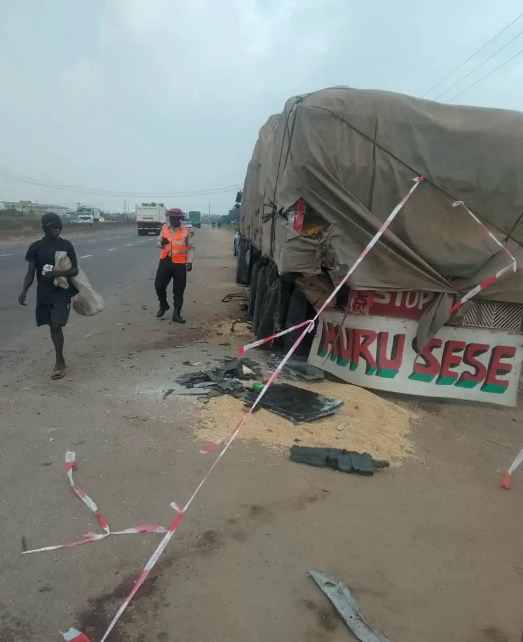 Police have claimed the car was speeding and hit a stationary truck whilst overtaking another vehicle (X/Federal Road Safety Corps)
