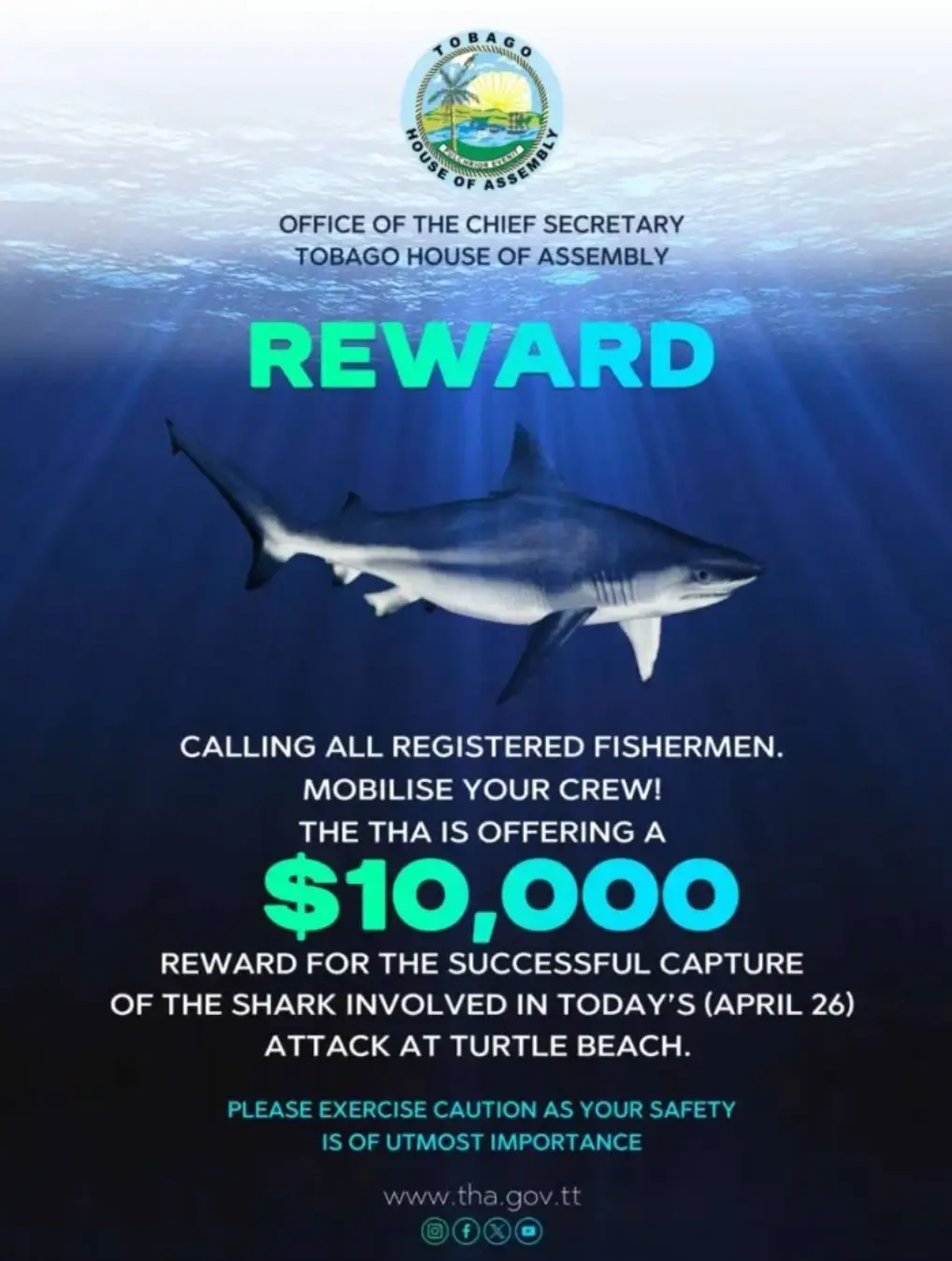 Fishermen were initially promised a reward of $10,000 (Tobago House of Assembly)