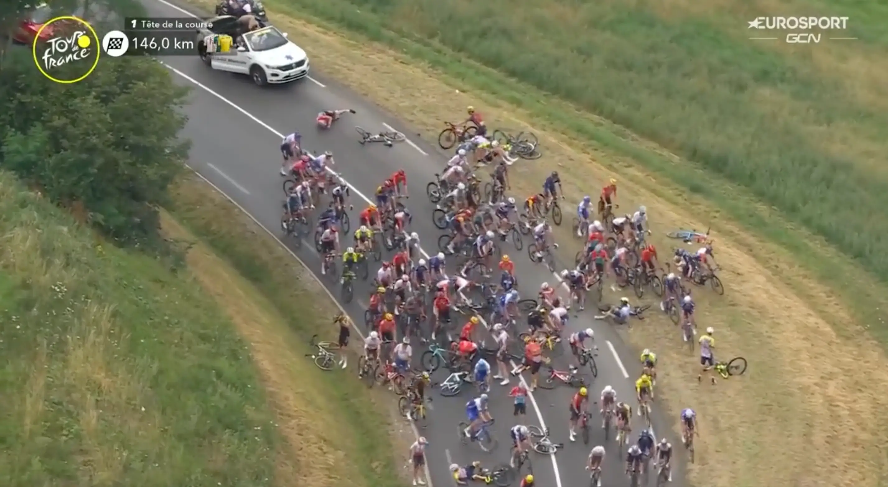 The race was temporarily halted after the crash.