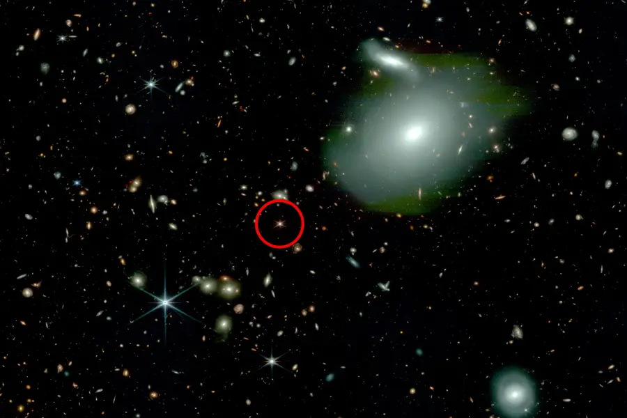 :This image, taken by NASA’s James Webb Space Telescope, shows an ancient quasar (circled in red) with fewer than expected neighboring galaxies (bright spheres), challenging physicists’ understanding of how the first quasars and supermassive black holes formed (Christina Eilers / EIGER team)