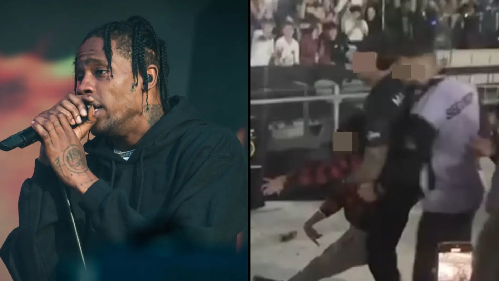 Travis Scott fan 'suffers seizure' after being ‘fly-kicked’ by security guard as crowd descends into huge brawl