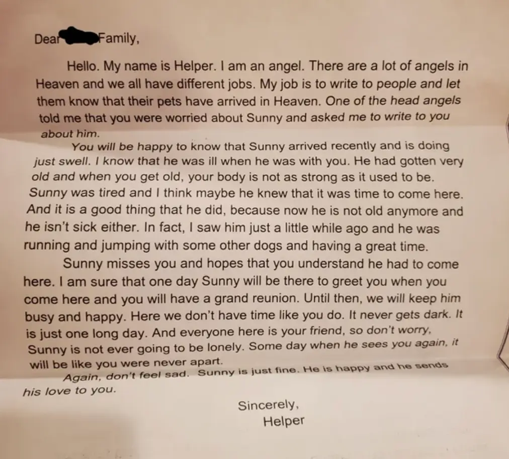 The family got the letter after saying goodbye to their dog.