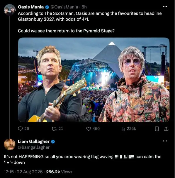 Liam Gallagher seems to have made his thoughts on a 2027 set at the Pyramid Stage, as well as most of the Glastonbury crowd, very clear (X)