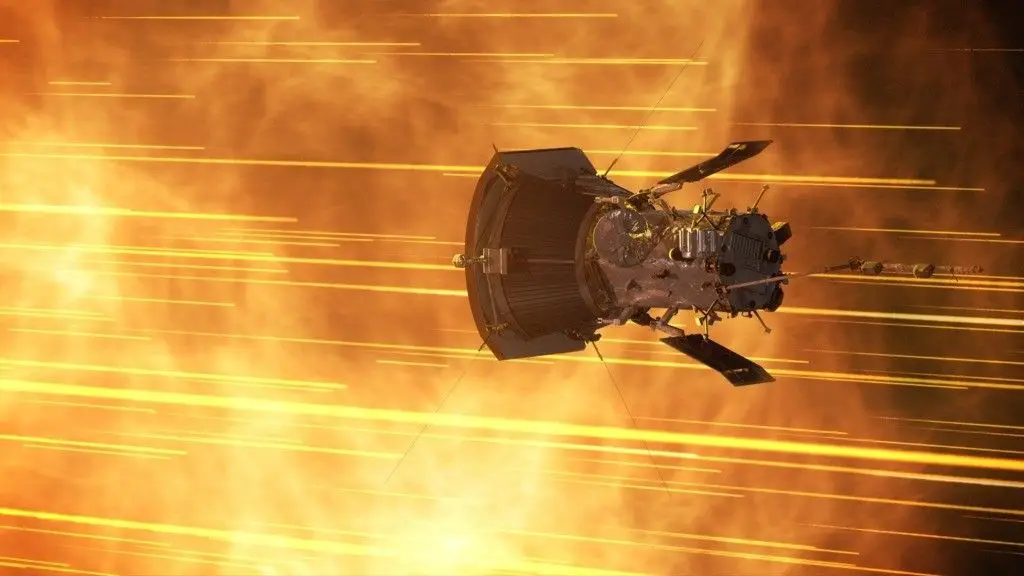 CGI of the probe flying through the Sun's outer solar corona (NASA)