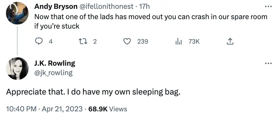 Rowling supporters flocked to reply to her tweet.