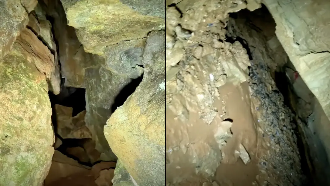 Underground cave explorer is stopped in his tracks and immediately leaves after spotting something on the walls