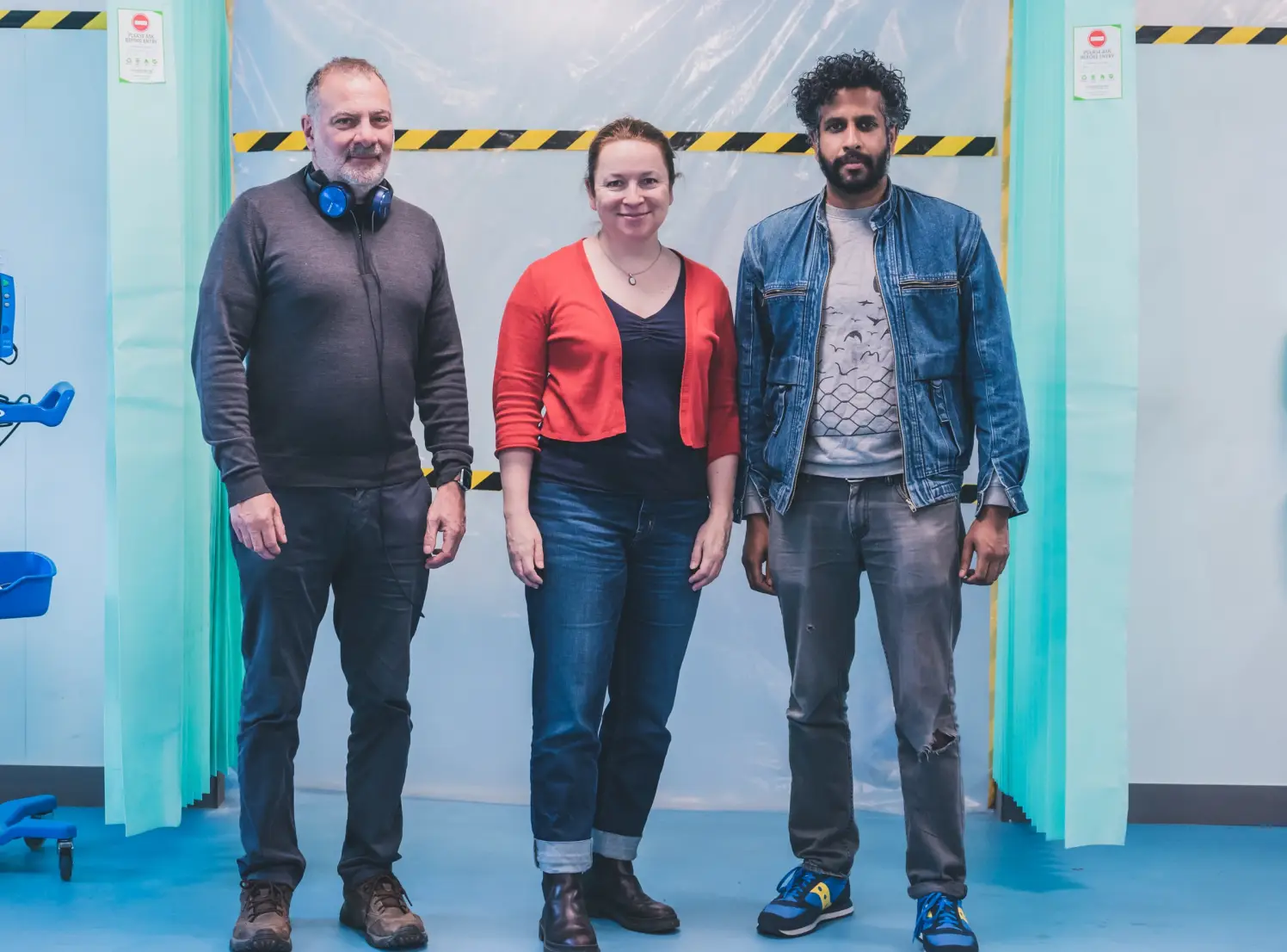 Jed Mercurio, Dr Rachel Clarke, and Prasanna Puwanarajah on set.