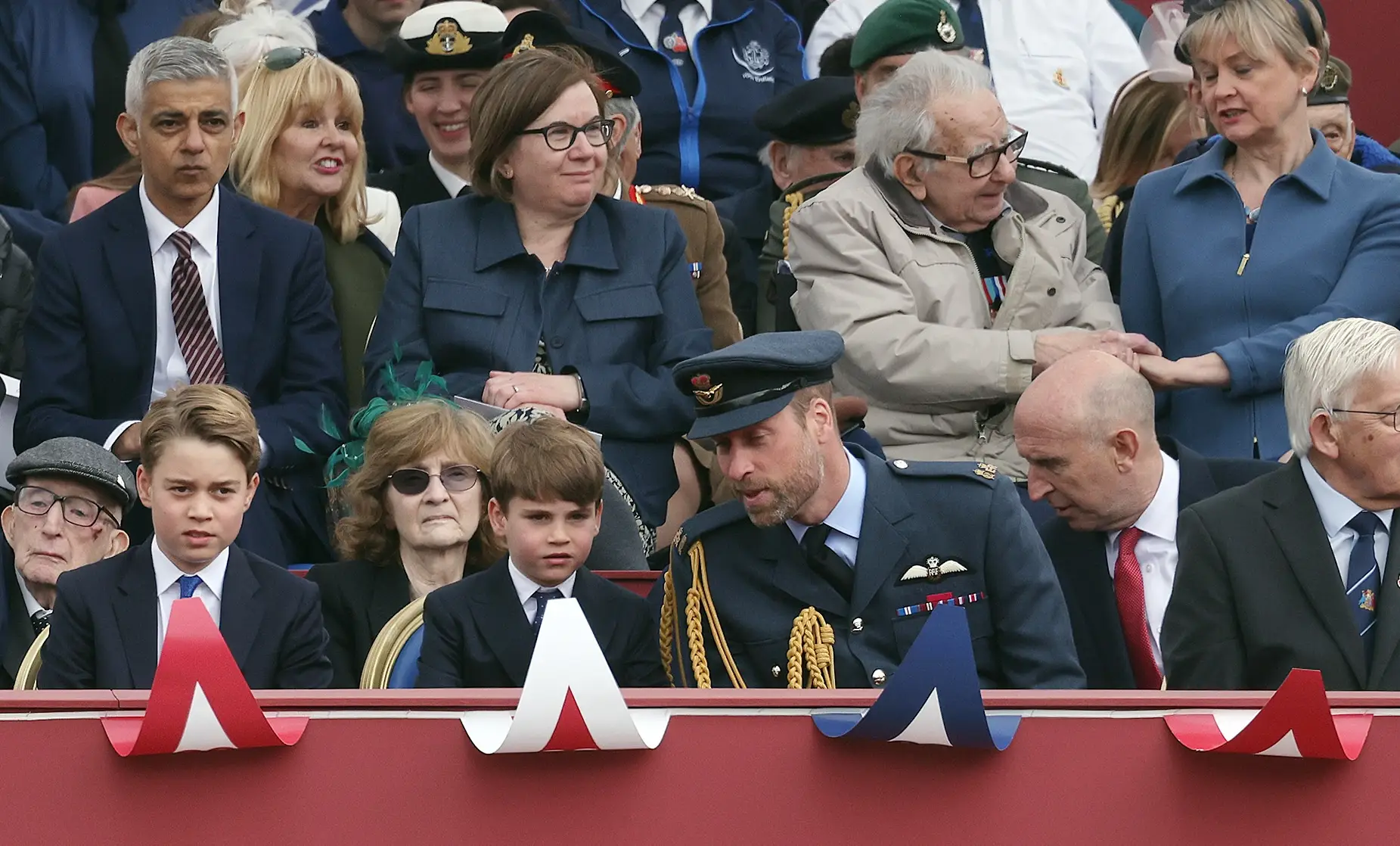 Prince Louis, seven, was sat next to Prince William to pay tribute to WWII veterans on the 80th anniversary of VE Day (Neil Mockford/GC Images)