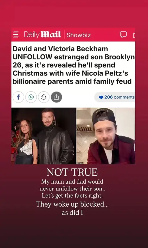 Cruz took to his Instagram Stories to rubbish claims that his parents unfollowed Brooklyn (Instagram/@cruzbeckham)