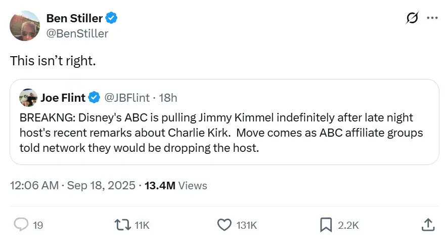 Ben Stiller gave a brief but direct response to his thoughts on Jimmy Kimmel's suspension (X/@BenStiller)