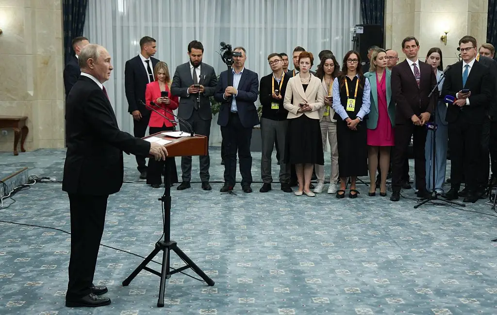 Putin was answering a series of questions during a nighttime press conference in Bishkek, Kyrgyzstan (Vyacheslav PROKOFYEV / POOL / AFP via Getty Images)