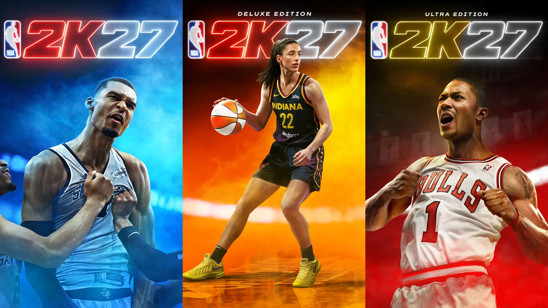 NBA 2K27 arrives with three editions, fronted by Victor Wembanyama, Caitlin Clark and Derrick Rose (Supplied: NBA 2K)