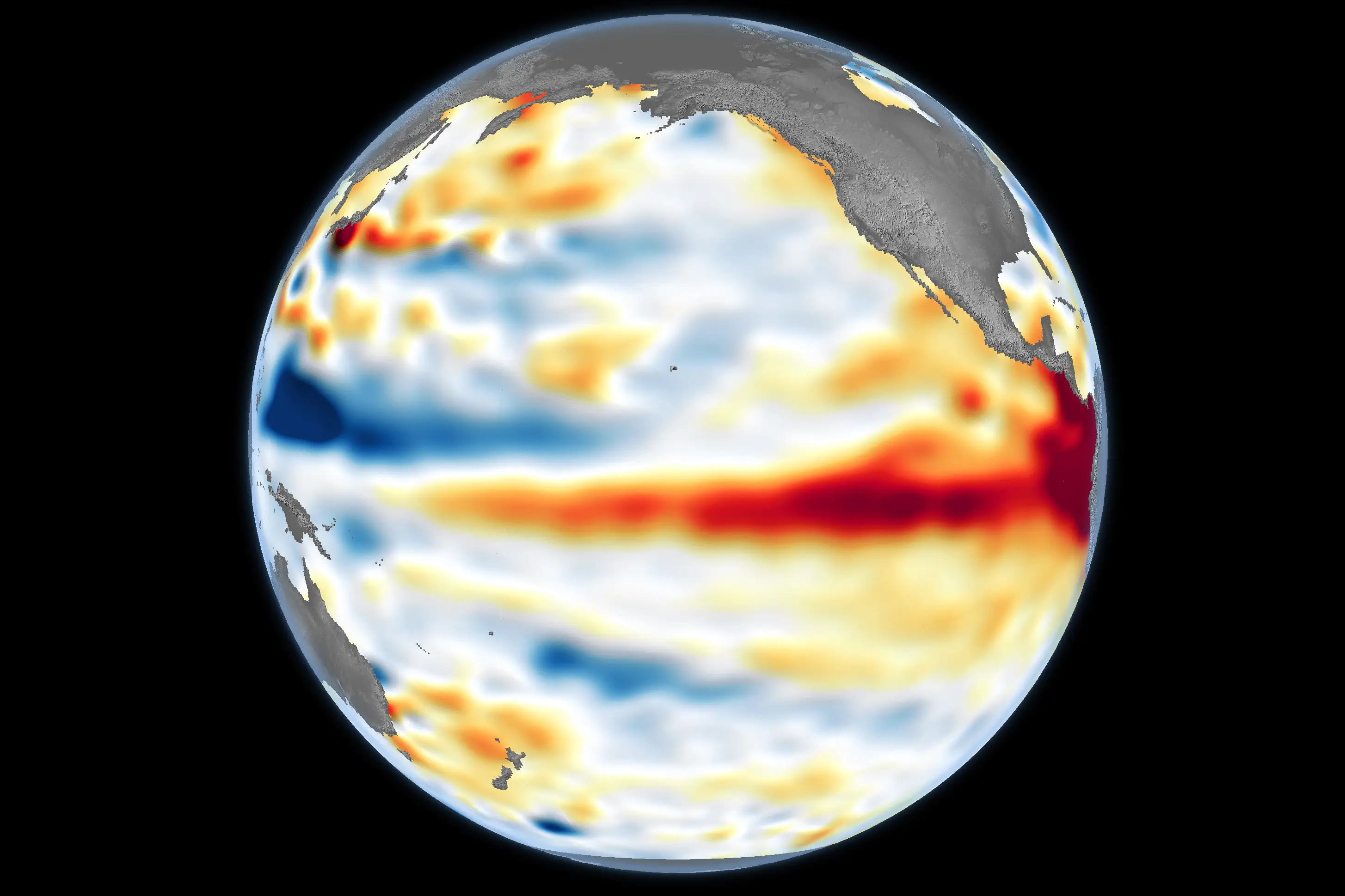 NASA satellite data from June, red indicates higher than normal sea surface temperature (NASA Earth Observatory/Lauren Dauphin)