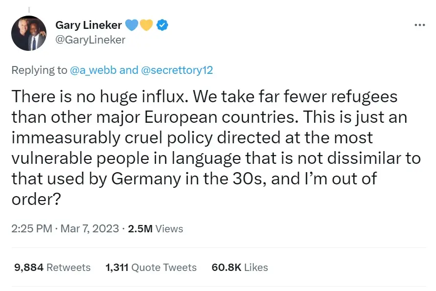 Gary Lineker criticised the government's policy in response to a Home Office video claiming they 'must stop the boats' of migrants attempting to enter the UK.