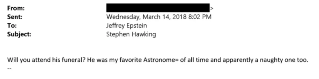 Epstein received an email from an unknown person in wake of Hawking's 2018 death (US Department of Justice)
