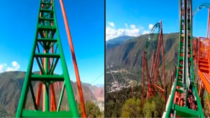 Rollercoaster rides over top of mountain with 110ft drop in terrifying footage
