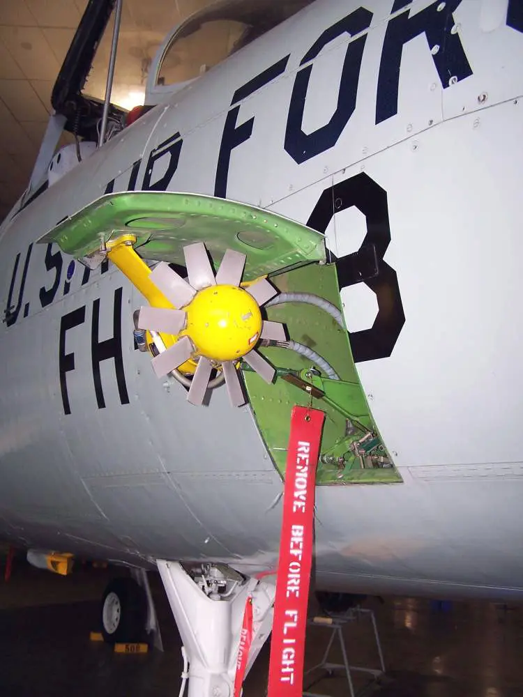 Example of a ram air turbine when deployed (Wikimedia Commons)
