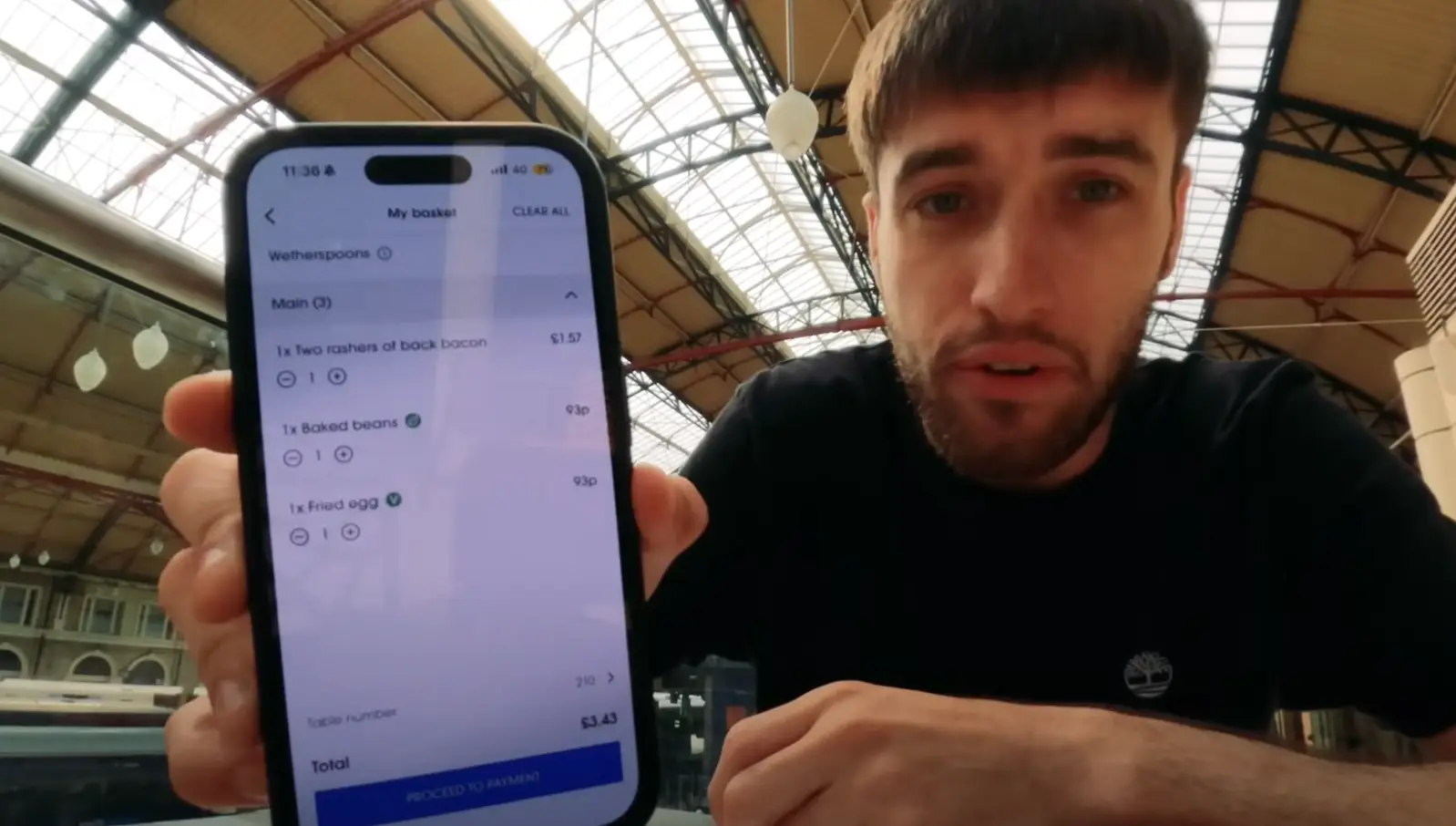 He showed proof that you can get a whole breakfast for less than £3.50 in Central London. (YouTube/CharlieVlogs)