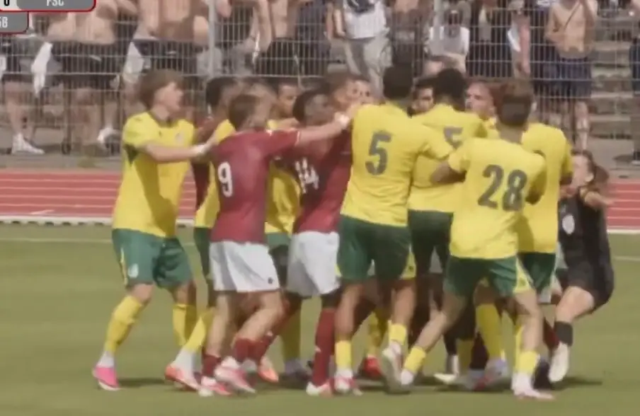 Demoncay, 26, was seen being knocked to the ground as the players tussled with one another (X)